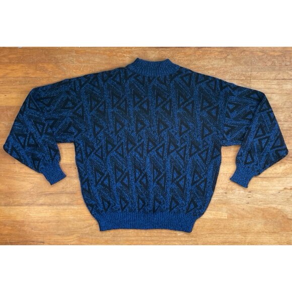 Vintage Mens Sweater Size Large 80s Geometric Print Knit Acrylic Mock Turtleneck - Picture 3 of 4
